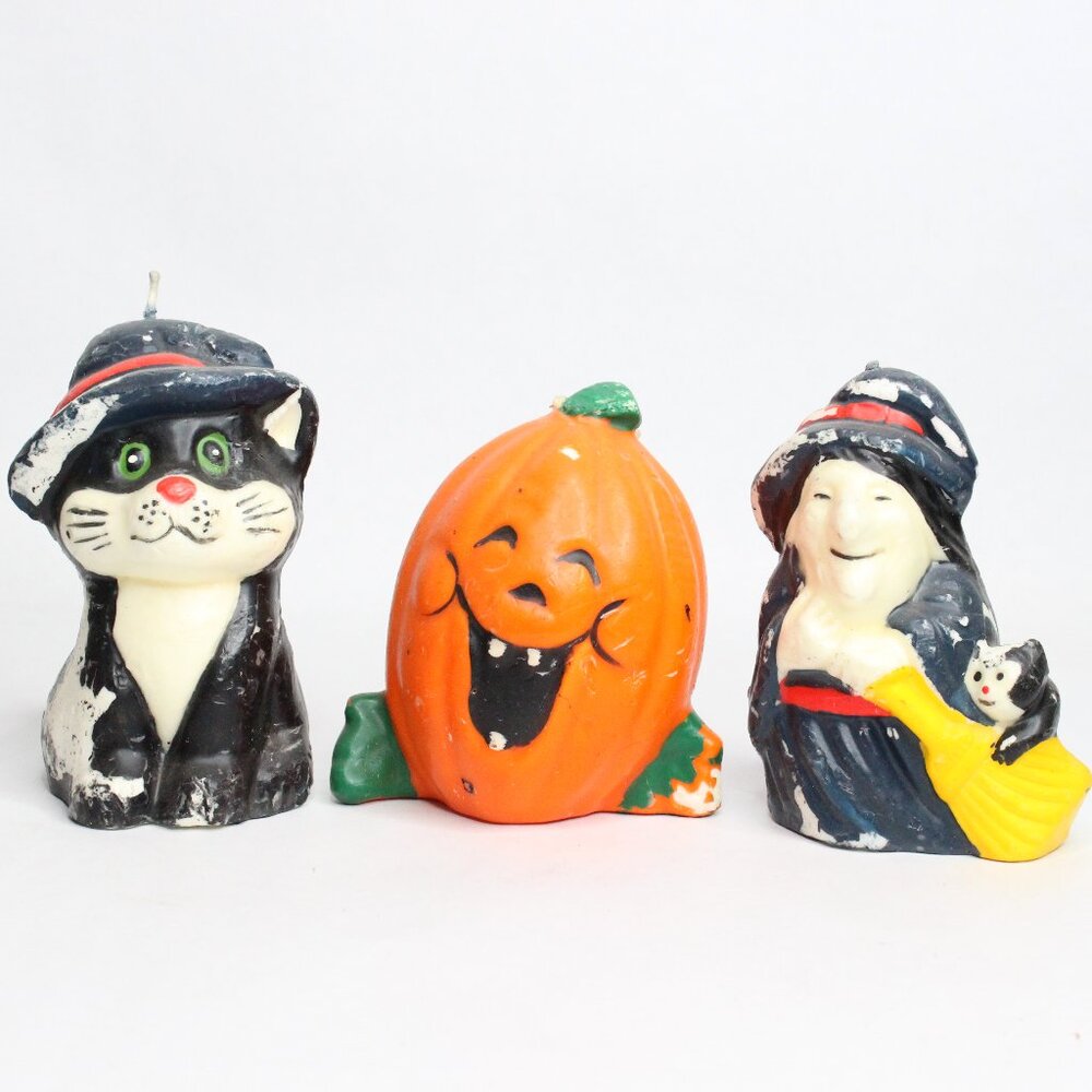 Vintage Halloween Figure Candles Pumpkin Witch Black Cat